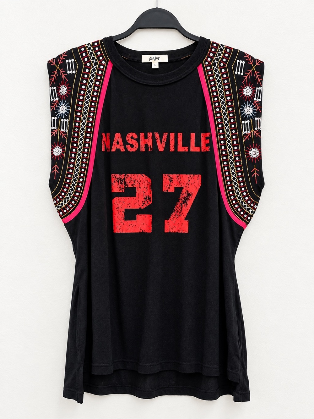 Anine Bing Black Nashville 27 Embroidered Sleeve Muscle Tee